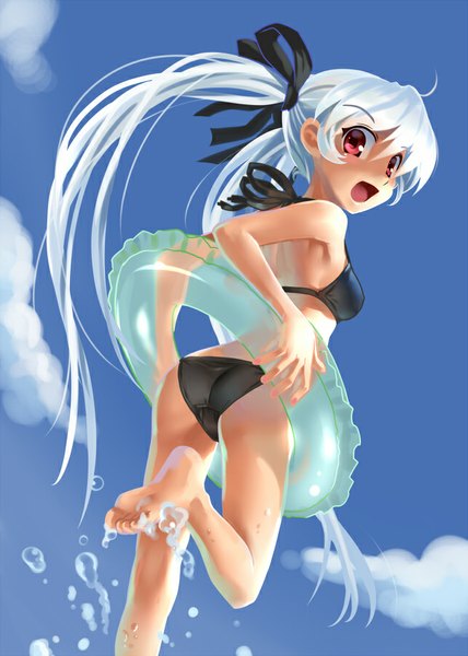 Anime picture 642x900 with original katahira masashi single long hair tall image blush breasts open mouth light erotic twintails sky cloud (clouds) ass white hair pink eyes looking back barefoot turning head running girl