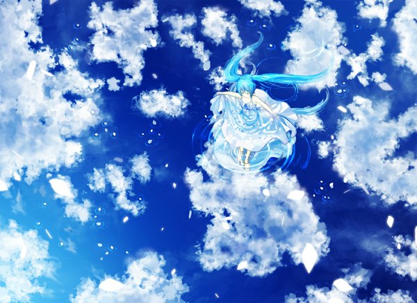 Anime picture 1156x841 with vocaloid hatsune miku amemura single long hair twintails sky cloud (clouds) eyes closed aqua eyes reflection girl dress petals water