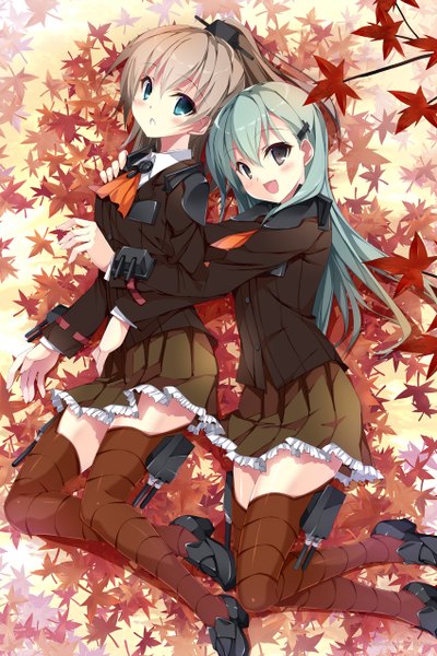 Anime picture 850x1276 with kantai collection suzuya heavy cruiser kumano heavy cruiser kobayashi chisato long hair tall image looking at viewer blush open mouth blue eyes brown hair multiple girls blue hair black eyes girl thighhighs skirt hair ornament 2 girls leaf (leaves)