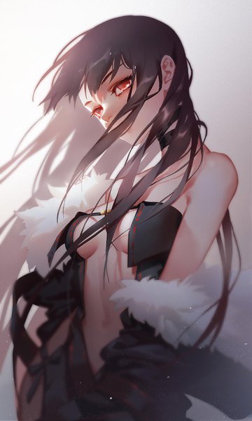 Anime-Bild 1500x2500 mit fate (series) fate/grand order yu mei-ren (fate) lao bai (pixiv36119836) single long hair tall image looking at viewer fringe breasts light erotic simple background red eyes large breasts bare shoulders upper body blurry off shoulder fur trim gradient background