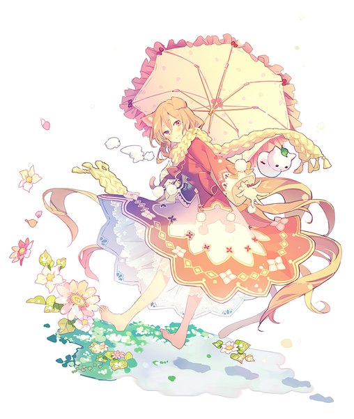 Anime picture 745x880 with original maro (nikeneko523) single tall image looking at viewer blush fringe simple background blonde hair smile hair between eyes white background animal ears very long hair pink eyes barefoot girl gloves flower (flowers) petals