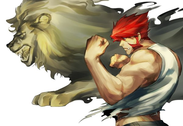 Anime picture 1105x765 with kekkai sensen studio bones klaus v. reinherz short hair simple background white background bare shoulders looking away red hair profile teeth fang (fangs) torn clothes fighting stance sidewhiskers boy animal fist lion