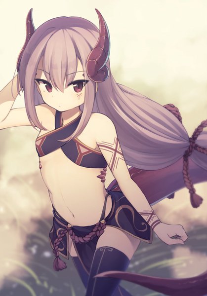 Anime-Bild 669x958 mit original melusine (ibuki notsu) natsuki teru single long hair tall image looking at viewer fringe light erotic hair between eyes red eyes payot purple hair tail animal tail horn (horns) wind blurry tattoo facial mark