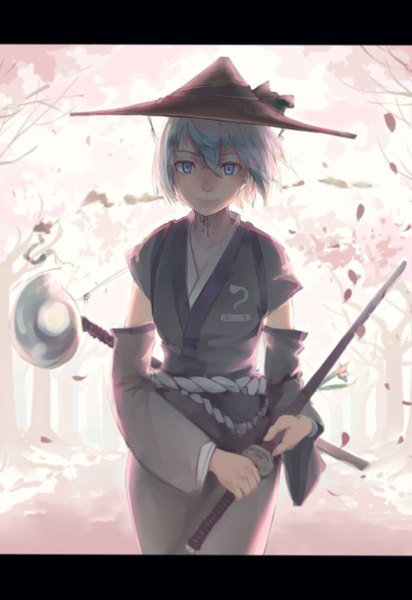 Anime picture 3415x4970 with touhou konpaku youmu myon huanxiang heitu single tall image looking at viewer highres short hair blue eyes absurdres silver hair traditional clothes japanese clothes cherry blossoms letterboxed ghost girl flower (flowers) weapon