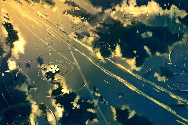Anime picture 1000x667 with original yuumei sky cloud (clouds) reflection rain no people landscape scenic flower (flowers) water puddle