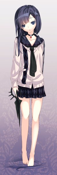 Anime picture 396x1200 with original hinasaki you single long hair tall image looking at viewer black hair barefoot black eyes girl skirt weapon sweater