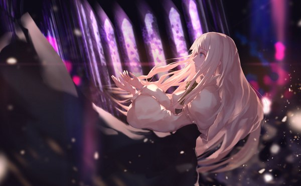 Anime picture 900x557 with original jname single long hair fringe blue eyes blonde hair wide image looking away indoors long sleeves profile blurry wide sleeves sparkle falling girl dress black dress