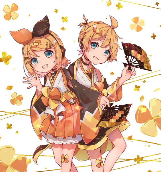 Anime picture 1328x1416 with vocaloid magical mirai (vocaloid) kagamine rin kagamine len sazanami (ripple1996) tall image looking at viewer fringe short hair open mouth blonde hair hair between eyes white background ahoge ponytail :d aqua eyes siblings twins brother and sister