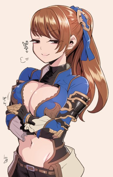 Anime picture 578x900 with granblue fantasy beatrix (granblue fantasy) hanauna single long hair tall image looking at viewer fringe breasts light erotic simple background smile brown hair large breasts brown eyes ponytail bare belly groin breast grab girl