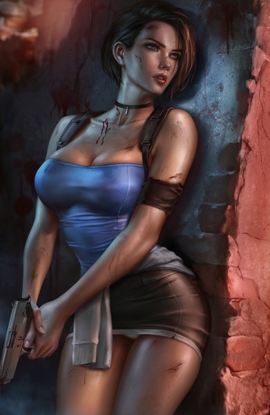Anime picture 2283x3499 with resident evil resident evil 3 jill valentine logan cure single tall image fringe highres short hair breasts blue eyes light erotic brown hair large breasts standing bare shoulders holding looking away cleavage parted lips