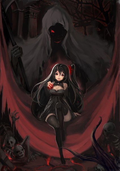 Anime picture 1240x1754 with original zqf single long hair tall image black hair red eyes skeleton girl thighhighs dress black thighhighs skull apple