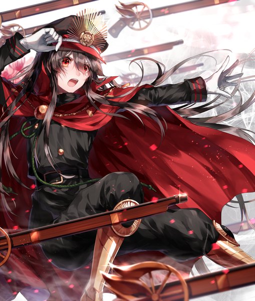 Anime picture 1000x1178 with fate (series) fate/grand order koha-ace oda nobunaga (fate) (all) oda nobunaga (fate) kuga huna single long hair tall image fringe open mouth black hair smile hair between eyes red eyes holding looking away bent knee (knees) long sleeves :d