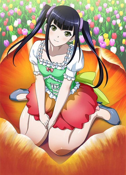 Anime picture 600x831 with ikkitousen saji genpou (true) single long hair tall image looking at viewer black hair twintails green eyes girl dress flower (flowers)