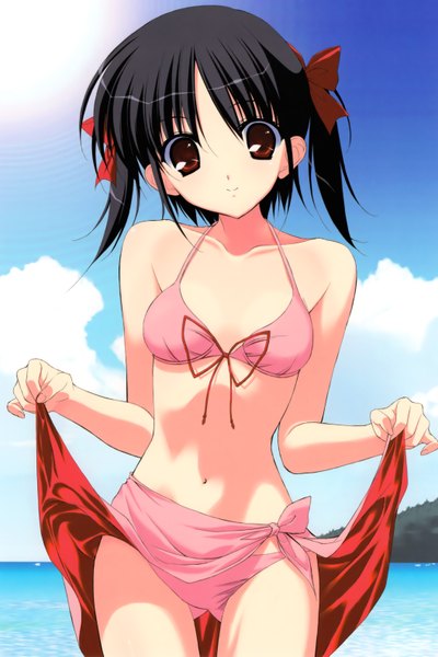 Anime picture 4215x6321 with fumio (ura fmo) single tall image highres short hair light erotic black hair smile red eyes twintails absurdres cloud (clouds) sunlight short twintails girl ribbon (ribbons) bow swimsuit hair bow hair ribbon