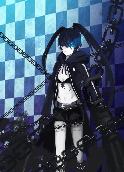 Anime picture 2480x3426 with black rock shooter black rock shooter (character) single long hair tall image blush highres blue eyes black hair twintails glowing looking up scar glowing eye (eyes) girl thighhighs weapon black thighhighs shorts thigh boots