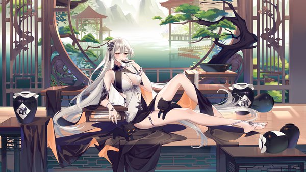 Anime picture 1920x1080 with original zuo600 single long hair looking at viewer blush fringe highres breasts light erotic smile hair between eyes wide image large breasts sitting holding brown eyes silver hair full body bent knee (knees)