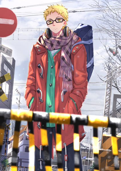 Anime picture 1102x1560 with haikyuu!! production i.g tsukishima kei swordsouls single tall image short hair blonde hair yellow eyes sky from below winter hands in pockets spiked hair headphones around neck railroad crossing boy uniform school uniform glasses