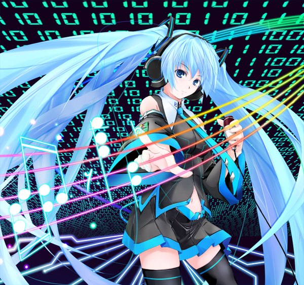 Anime picture 1302x1222 with vocaloid hatsune miku kedamonodamono single blue eyes smile blue hair very long hair girl thighhighs navel black thighhighs detached sleeves miniskirt shirt necktie headphones microphone musical note