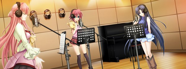 Anime picture 2048x768 with highres black hair wide image purple eyes multiple girls green eyes pink hair game cg red hair girl 3 girls microphone