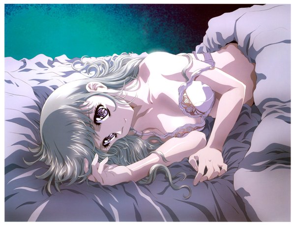 Anime picture 3384x2586 with the new generation of manga artists kawarajima kou single long hair highres breasts light erotic smile purple eyes absurdres lying grey hair scan framed girl bed blanket