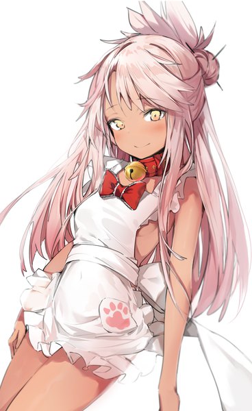 Anime picture 1350x2200 with fate (series) fate/kaleid liner prisma illya tamamo (fate) (all) kuro (fate/kaleid liner) tamamo cat (fate) silver (chenwen) single long hair tall image looking at viewer blush fringe light erotic simple background smile standing white background yellow eyes pink hair sleeveless