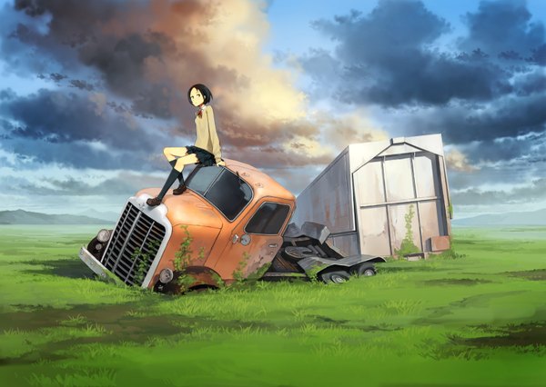 Anime picture 1687x1200 with original yoshida seiji single fringe short hair black hair sitting sky cloud (clouds) black eyes girl skirt uniform plant (plants) school uniform miniskirt socks shoes black socks sweater