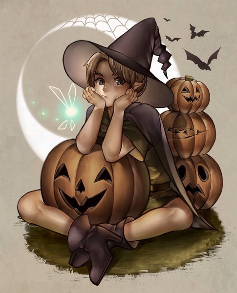 Anime picture 1657x2048 with the legend of zelda nintendo link navi neaze single tall image short hair blonde hair sitting full body pointy ears black eyes high heels halloween head rest indian style boy hat animal