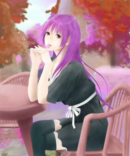 Anime picture 2572x3083 with bakemonogatari nisemonogatari shaft (studio) monogatari (series) senjougahara hitagi kentaurosu single long hair tall image highres sitting brown eyes purple hair girl thighhighs dress black thighhighs lollipop