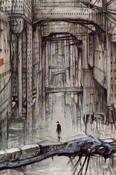 Anime picture 1054x1582 with blame! killy nihei tsutomu single tall image short hair black hair city cityscape boy building (buildings) bridge