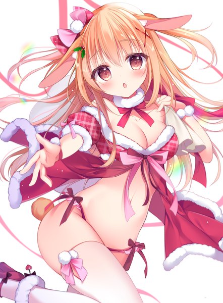 Anime picture 1000x1357 with original shirosei mochi single long hair tall image looking at viewer blush fringe breasts light erotic blonde hair hair between eyes brown eyes animal ears :o two side up bunny ears christmas outstretched hand girl