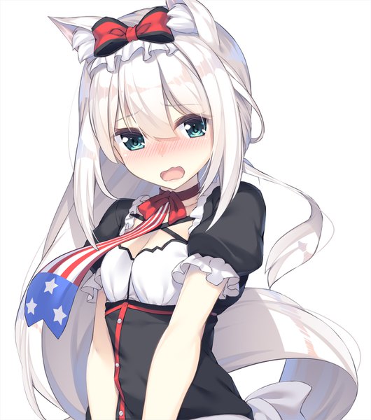 Anime picture 1300x1472 with azur lane hammann (azur lane) olive (laai) single long hair tall image blush fringe open mouth simple background hair between eyes white background animal ears cleavage upper body white hair aqua eyes embarrassed puffy sleeves girl