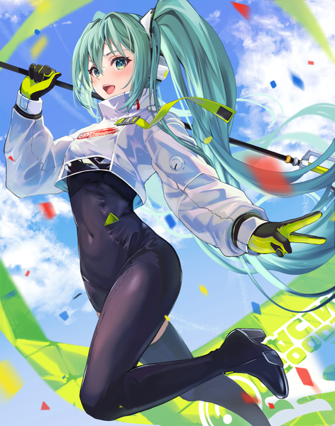 Anime-Bild 772x982 mit vocaloid goodsmile racing hatsune miku racing miku racing miku (2022) pi tayuko single tall image fringe open mouth hair between eyes twintails sky cloud (clouds) very long hair :d aqua eyes aqua hair covered navel girl