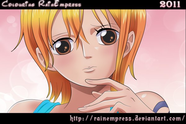 Anime picture 1601x1071 with one piece toei animation nami (one piece) rainempress single looking at viewer blush short hair bare shoulders brown eyes orange hair tattoo girl