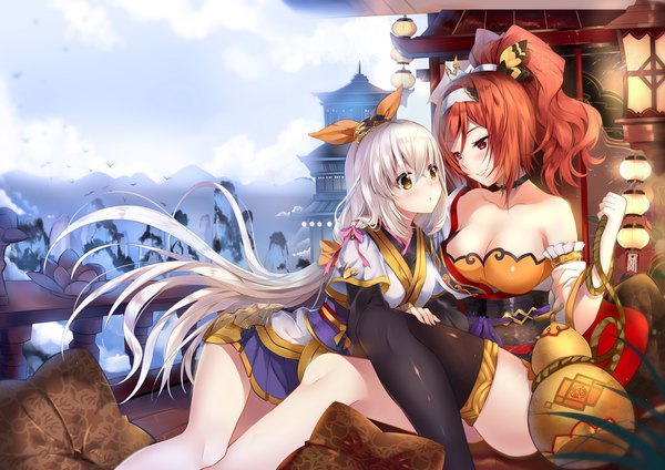 Anime picture 1920x1358 with sangai senki du fu su shi usagihime long hair blush highres breasts light erotic smile red eyes large breasts multiple girls brown eyes cleavage bent knee (knees) outdoors white hair ponytail red hair