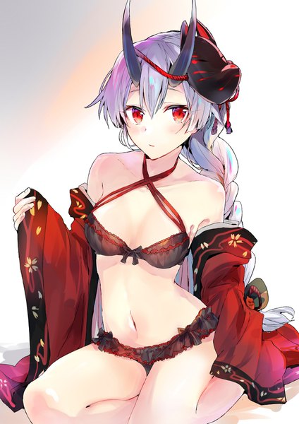 Anime picture 2480x3507 with fate (series) fate/grand order tomoe gozen (fate) tomozero single long hair tall image looking at viewer blush fringe highres breasts light erotic simple background hair between eyes red eyes sitting bare shoulders cleavage silver hair