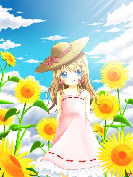 Anime picture 2952x3937 with original hikariin25 single long hair tall image looking at viewer highres blue eyes brown hair sky cloud (clouds) sunlight girl flower (flowers) hat straw hat sunflower