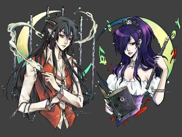 Anime picture 1200x900 with original rannsama long hair looking at viewer fringe black hair simple background red eyes bare shoulders blue hair purple hair ponytail horn (horns) grey hair hair over one eye grey background couple smoke open collar crescent