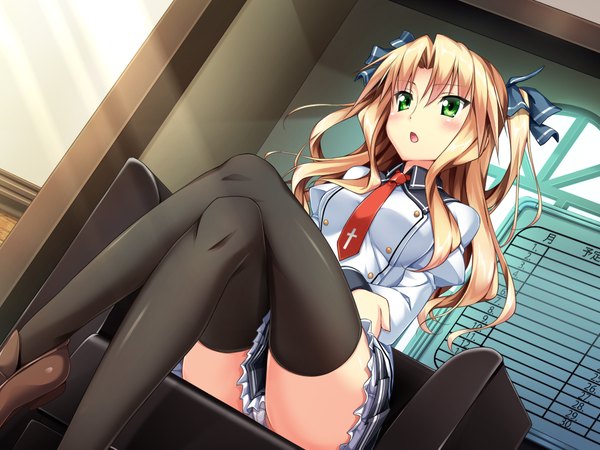 Anime picture 1024x768 with erect! tiana gill lilistia piromizu single long hair blush open mouth light erotic blonde hair sitting green eyes game cg two side up crossed legs pantyshot sitting girl thighhighs uniform black thighhighs school uniform