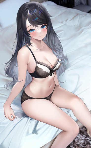 Anime-Bild 3067x5000 mit original machi (7769) single long hair tall image looking at viewer blush fringe highres breasts blue eyes light erotic black hair smile large breasts sitting bare shoulders absurdres cleavage indoors