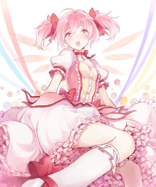 Anime picture 800x960 with mahou shoujo madoka magica shaft (studio) kaname madoka mery (yangmalgage) single tall image looking at viewer blush short hair open mouth sitting twintails pink hair ahoge pink eyes puffy sleeves short twintails magical girl girl dress