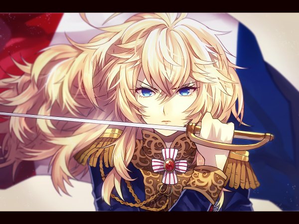 Anime picture 1200x900 with rose of versailles oscar francois de jarjayes sanae (satansanae) single long hair looking at viewer blue eyes blonde hair wind oldschool france 70s girl uniform weapon sword