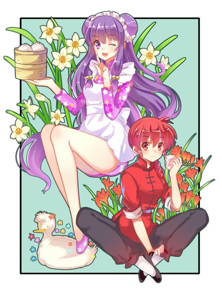 Anime picture 800x1054 with ranma 1/2 saotome ranma saotome ranma (girl) shampoo (ranma 1/2) mousse zonana long hair tall image looking at viewer blush open mouth smile red eyes sitting purple eyes multiple girls purple hair red hair braid (braids) very long hair