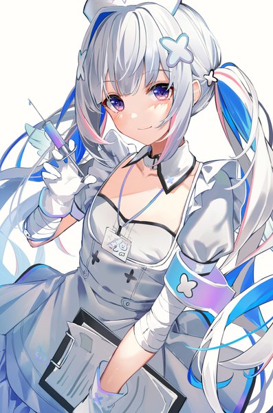 Anime picture 1324x2000 with virtual youtuber hololive amane kanata amane kanata (4th costume) isaya (pixiv4541633) single long hair tall image simple background smile white background purple eyes twintails silver hair multicolored hair puffy sleeves colored inner hair nurse girl gloves