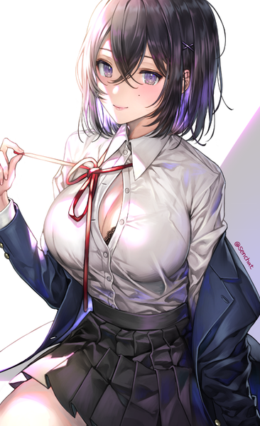 Anime picture 633x1036 with original senchat single tall image looking at viewer blush fringe short hair breasts light erotic black hair simple background smile hair between eyes large breasts purple eyes signed cleavage pleated skirt multicolored hair