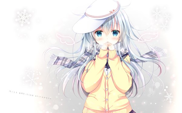 Anime picture 1920x1200 with kantai collection hibiki destroyer verniy destroyer shirogane hina single long hair looking at viewer blush fringe highres blue eyes hair between eyes standing signed silver hair upper body wallpaper snowing exhalation covered mouth