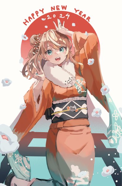 Anime picture 2017x3072 with virtual youtuber nijisanji igarashi rika penta (pepepen 28) single long hair tall image fringe highres open mouth blonde hair hair between eyes nail polish traditional clothes :d japanese clothes aqua eyes hair bun (hair buns) victory new year