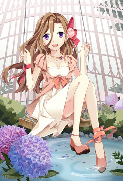 Anime picture 700x1023 with original yeni single long hair tall image looking at viewer open mouth brown hair purple eyes girl dress flower (flowers) petals water shoes swing
