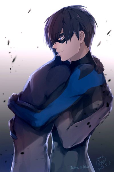 Anime picture 750x1125 with batman dc comics dick grayson jason todd na yeon tall image fringe short hair blue eyes black hair hair between eyes signed looking away upper body profile grey background multiple boys character names hug gradient background