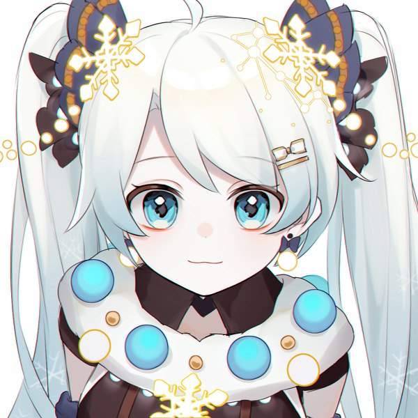 Anime picture 1200x1200 with vocaloid hatsune miku yuki miku yuki miku (2021) heridy single long hair looking at viewer blue eyes twintails silver hair ahoge upper body :3 girl hair ornament earrings hairclip snowflake (snowflakes) snowflake hair ornament