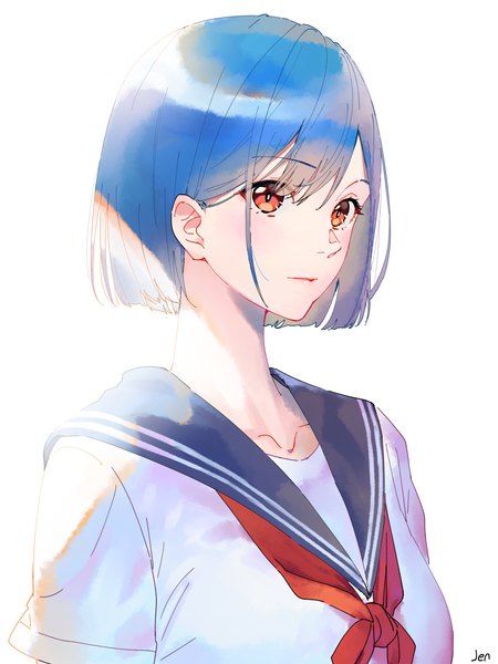 Anime picture 6000x8000 with original arjent single tall image highres short hair simple background red eyes white background blue hair looking away absurdres upper body bob cut girl uniform serafuku